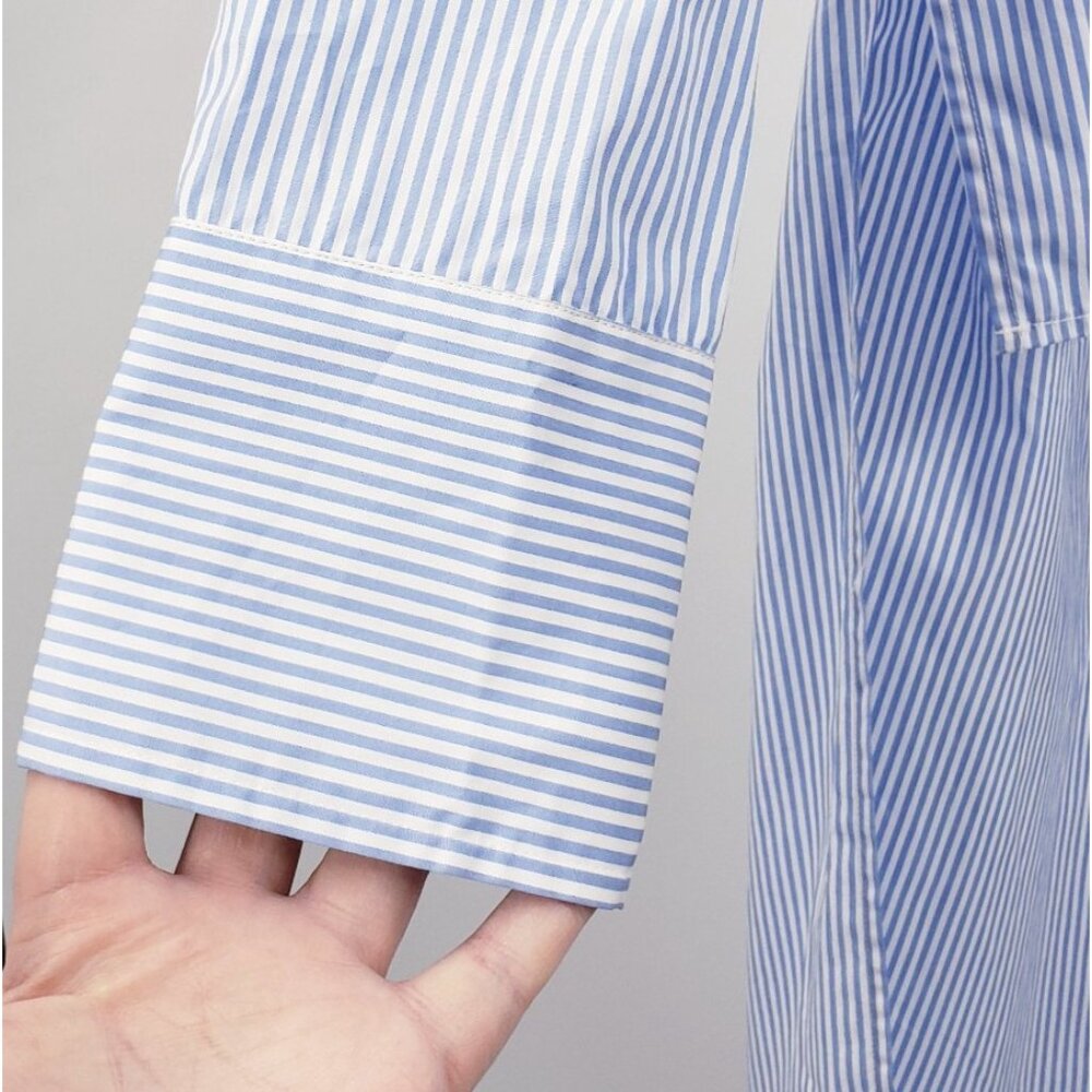 L'Academie High Low Popover Shirt Women M Blue White Stripe Long Tail Hook Front - Picture 4 of 9